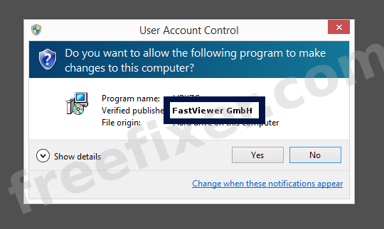 Screenshot where FastViewer GmbH appears as the verified publisher in the UAC dialog